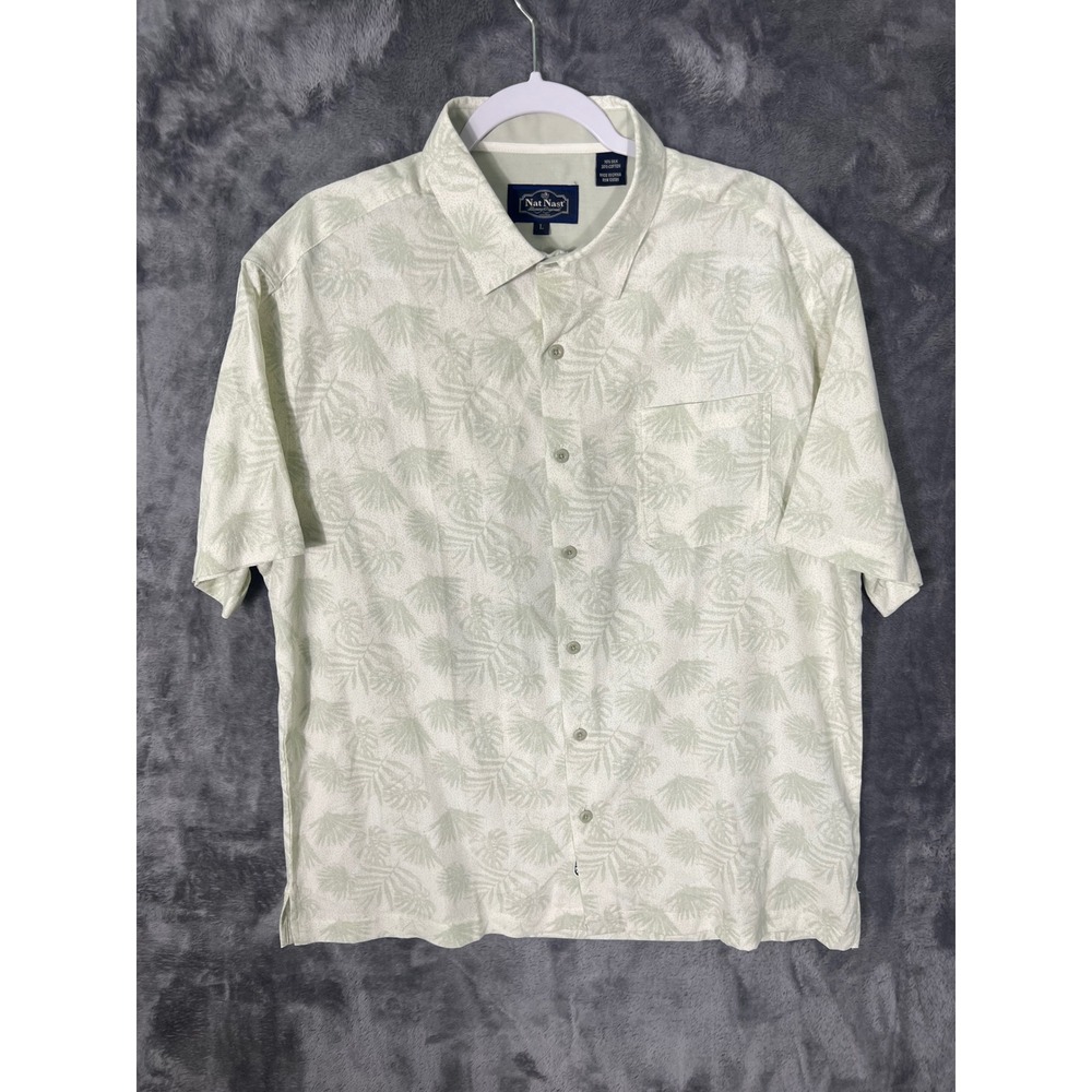Nat Nast Luxury Originals Silk Cotton Palm Leaf Print Shirt Sage Green Large